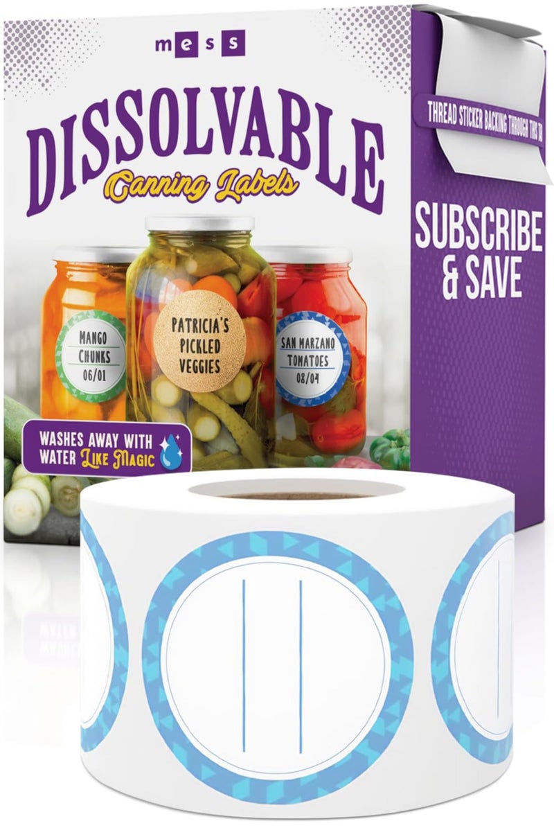 MESS Canning Labels Dissolvable Stickers for Mason Jars and More (2" Round 200/roll) Canning Supplies Washes Off in Seconds Like Magic - Jar Labels Homemade Jam, Jelly, and More (Iceberg) - Image 1